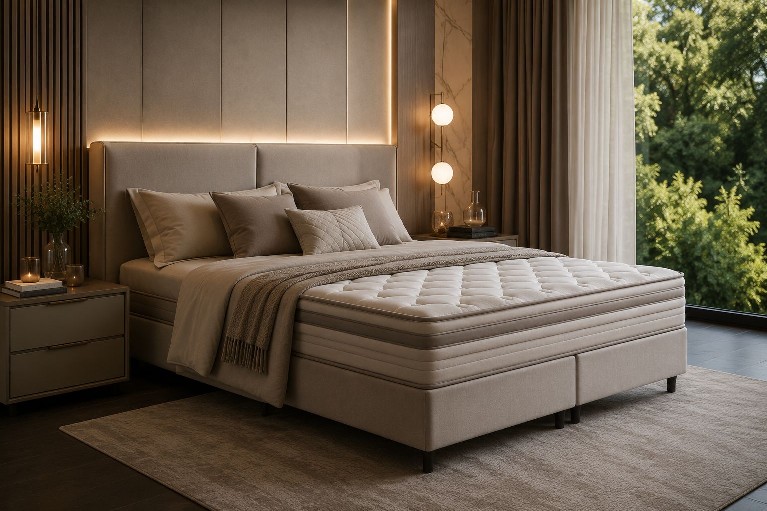 Quarto sofisticado com cama e colchão premium